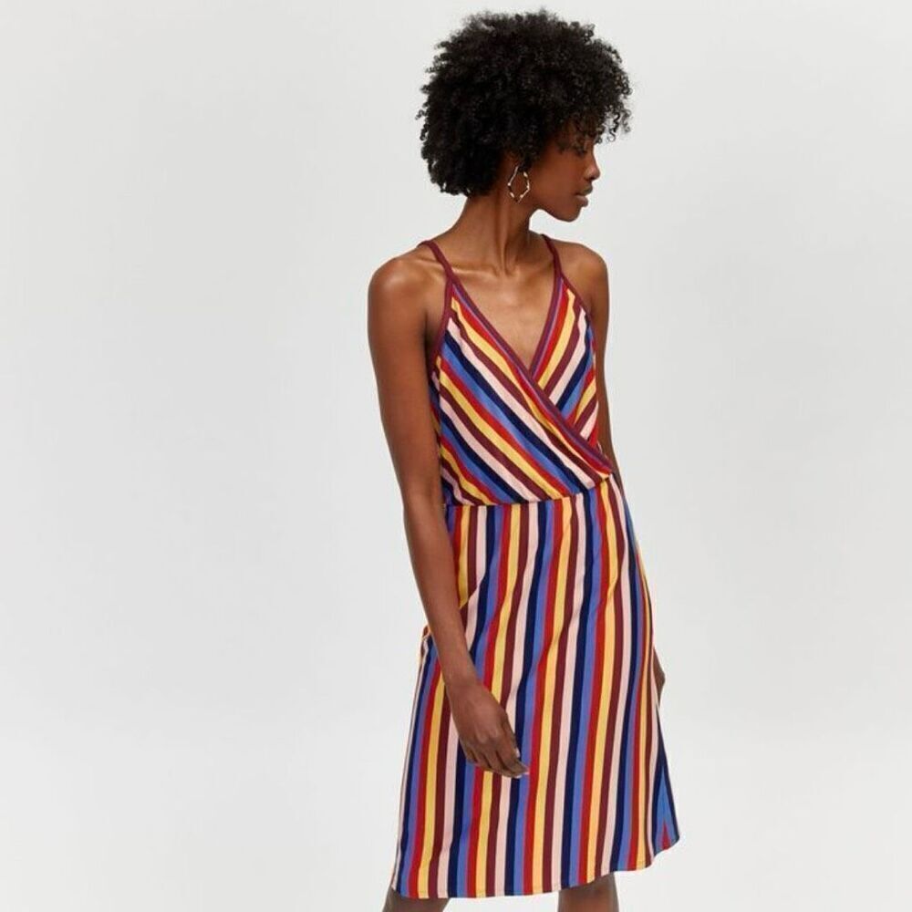 NWOT WAREHOUSE Roller Disco Rainbow Wrap Cami Style Midi Dress Women's 8